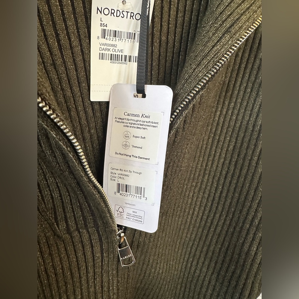 NWT Varley large Carmen Rib Knit Zip-up Dark Olive Cardigan Sweater - Picture 4 of 5